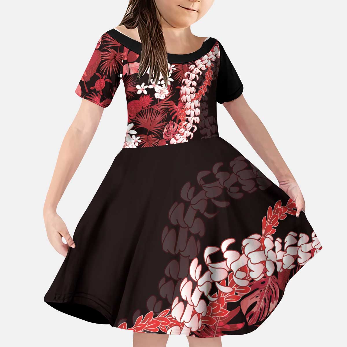 Ulaula Aloha Hawaii Lei Kid Short Sleeve Dress Tropical Flowers Elegant Vibe - Polynesian Pride
