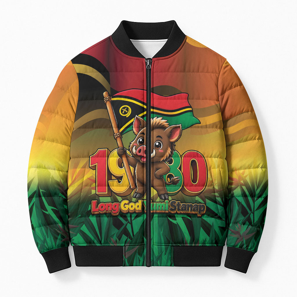 Vanuatu Independence Day Bomber Puffer Jacket Chibi Boar Proud To Be A Ni-Van