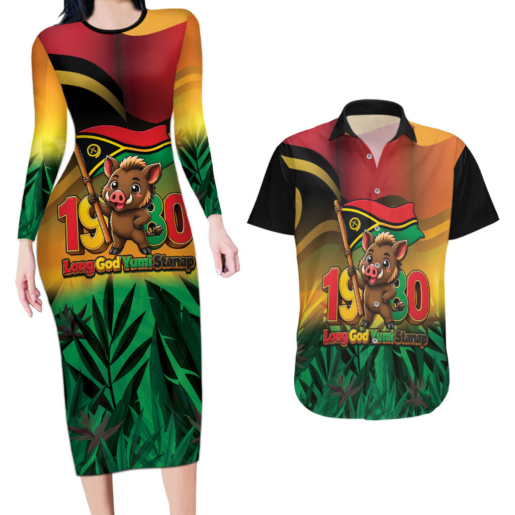 Vanuatu Independence Day Couples Matching Long Sleeve Bodycon Dress and Hawaiian Shirt Chibi Boar Proud To Be A Ni-Van
