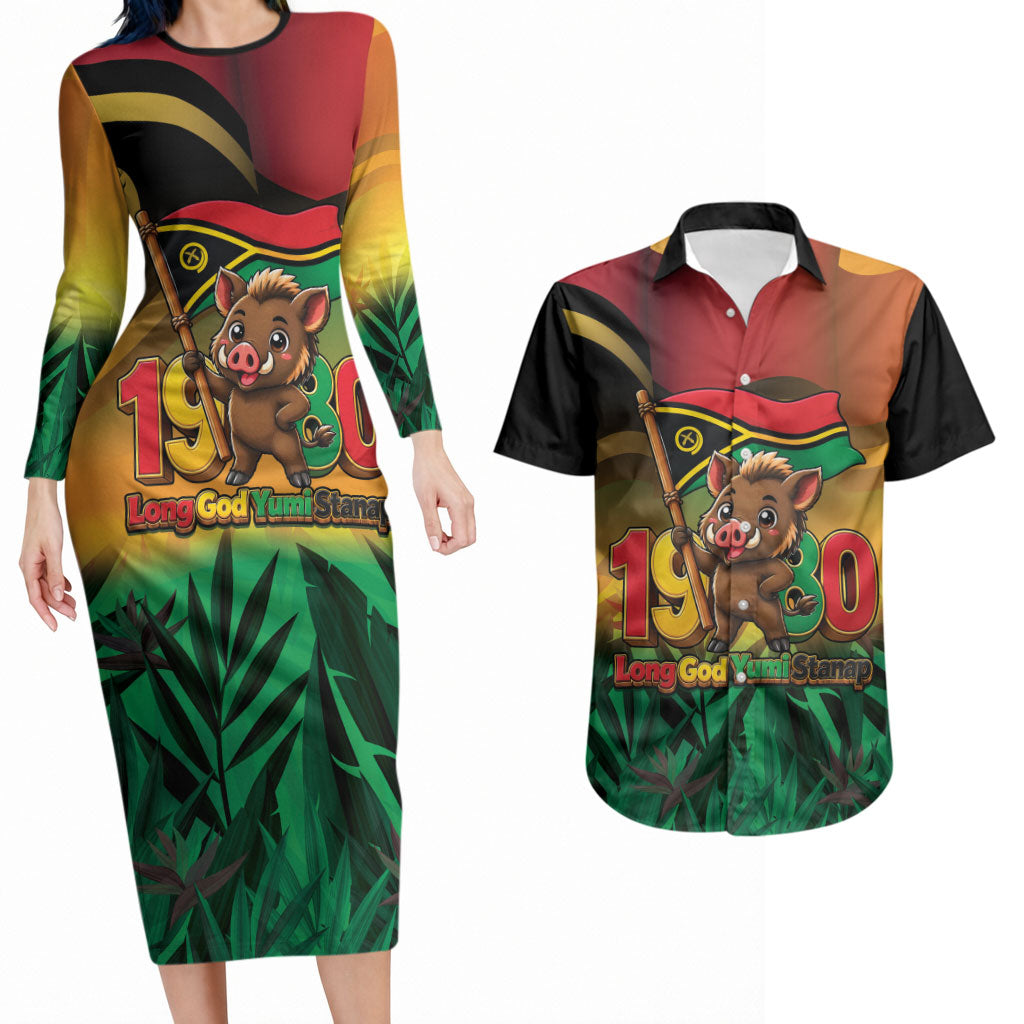 Vanuatu Independence Day Couples Matching Long Sleeve Bodycon Dress and Hawaiian Shirt Chibi Boar Proud To Be A Ni-Van LT14 Multicolor - Polynesian Pride