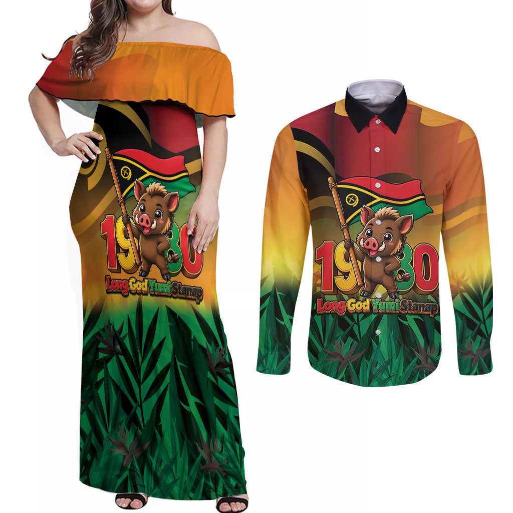 Vanuatu Independence Day Couples Matching Off Shoulder Maxi Dress and Long Sleeve Button Shirt Chibi Boar Proud To Be A Ni-Van