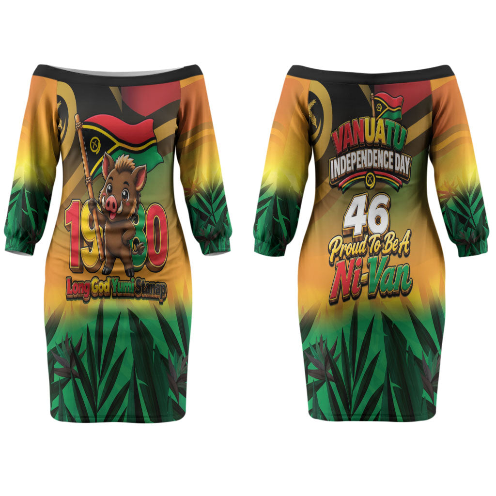 Vanuatu Independence Day Couples Matching Off The Shoulder Long Sleeve Dress and Hawaiian Shirt Chibi Boar Proud To Be A Ni-Van LT14 - Polynesian Pride