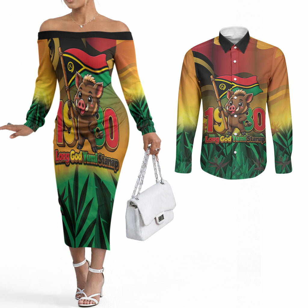 Vanuatu Independence Day Couples Matching Off The Shoulder Long Sleeve Dress and Long Sleeve Button Shirt Chibi Boar Proud To Be A Ni-Van LT14 Multicolor - Polynesian Pride