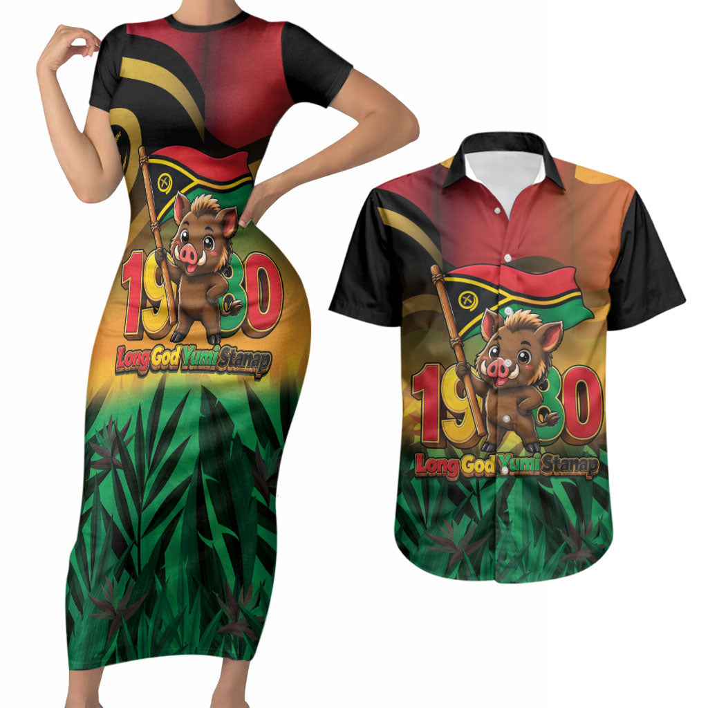 Vanuatu Independence Day Couples Matching Short Sleeve Bodycon Dress and Hawaiian Shirt Chibi Boar Proud To Be A Ni-Van LT14 Multicolor - Polynesian Pride