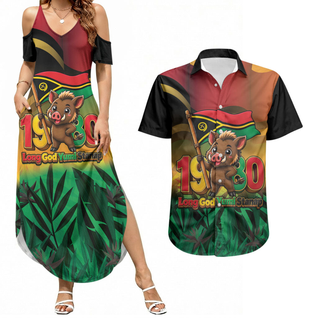 Vanuatu Independence Day Couples Matching Summer Maxi Dress and Hawaiian Shirt Chibi Boar Proud To Be A Ni-Van LT14 Multicolor - Polynesian Pride