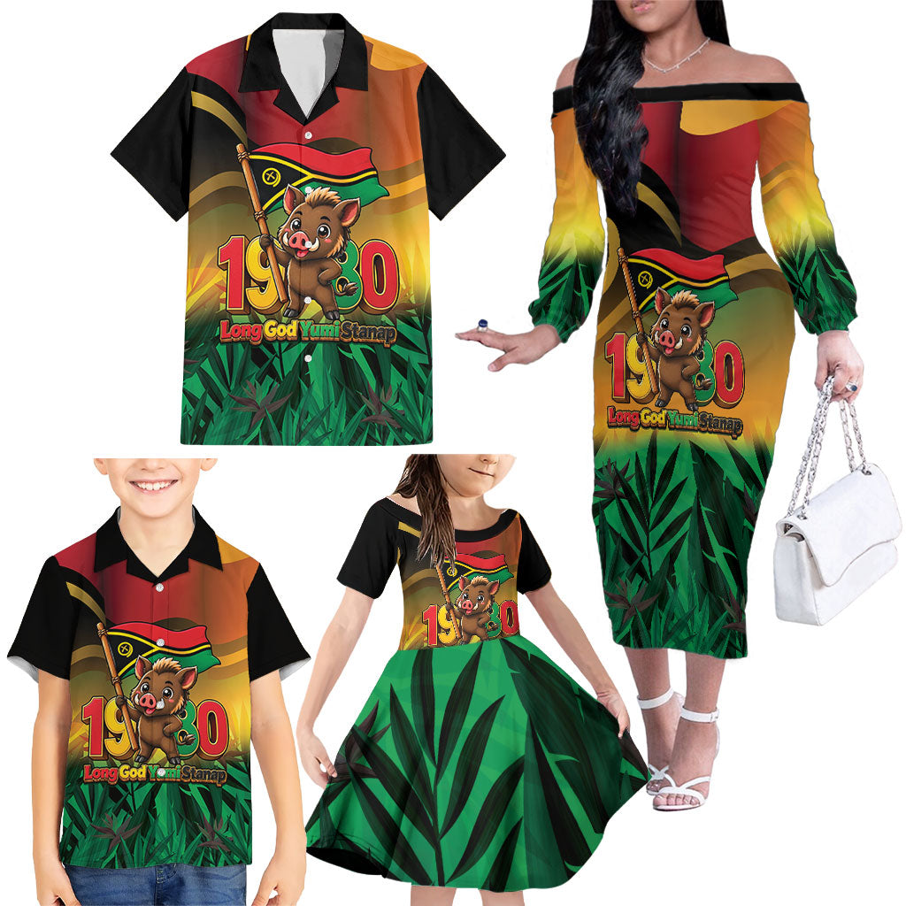 Vanuatu Independence Day Family Matching Off The Shoulder Long Sleeve Dress and Hawaiian Shirt Chibi Boar Proud To Be A Ni-Van