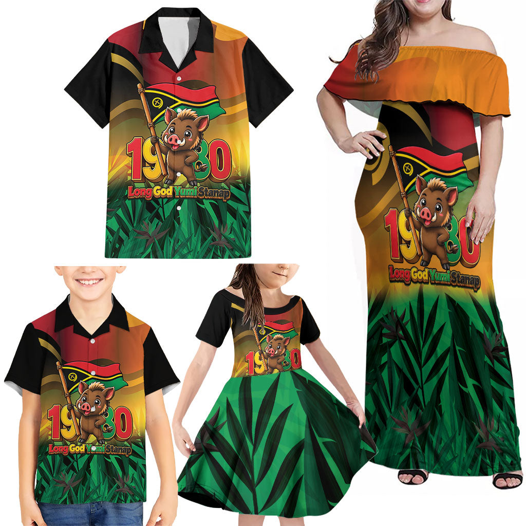 Vanuatu Independence Day Family Matching Off Shoulder Maxi Dress and Hawaiian Shirt Chibi Boar Proud To Be A Ni-Van