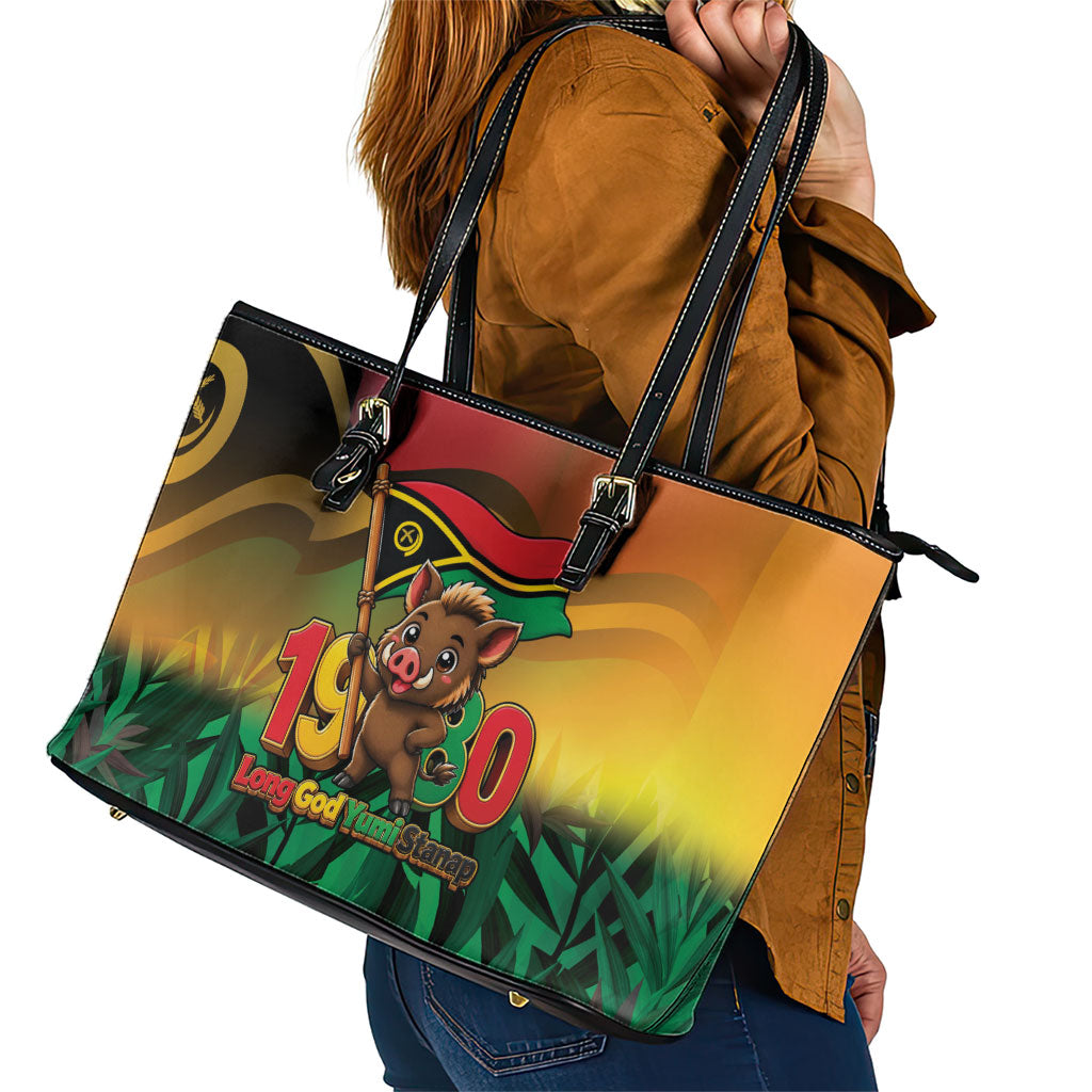 Vanuatu Independence Day Leather Tote Bag Chibi Boar Proud To Be A Ni-Van