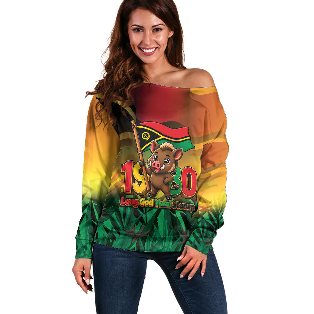 Vanuatu Independence Day Off Shoulder Sweater Chibi Boar Proud To Be A Ni-Van