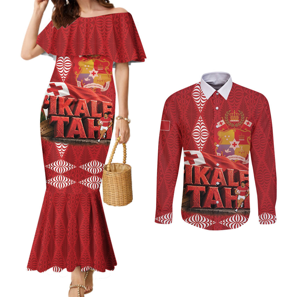 Tonga Rugby Custom Couples Matching Mermaid Dress and Long Sleeve Button Shirt 2026 Go Ikale Tahi Ngatu Pattern