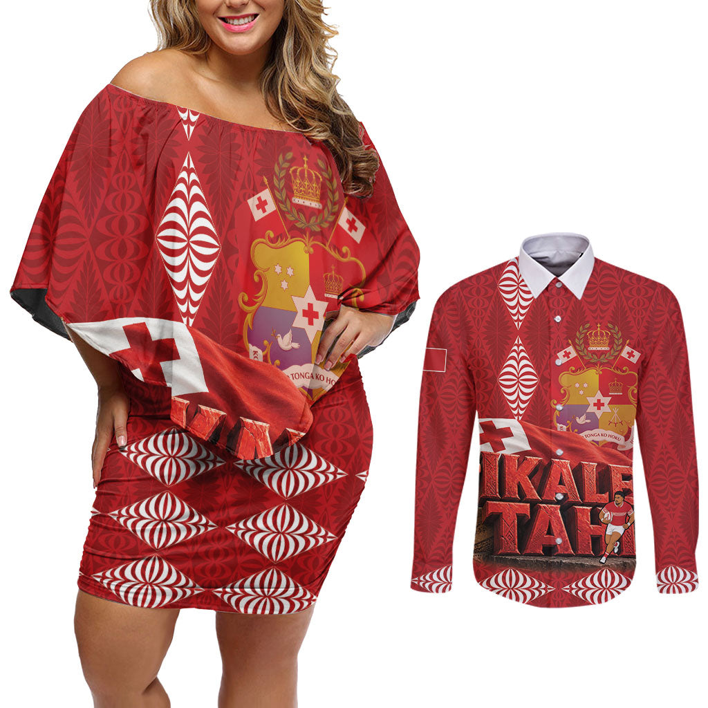 Tonga Rugby Custom Couples Matching Off Shoulder Short Dress and Long Sleeve Button Shirt 2026 Go Ikale Tahi Ngatu Pattern