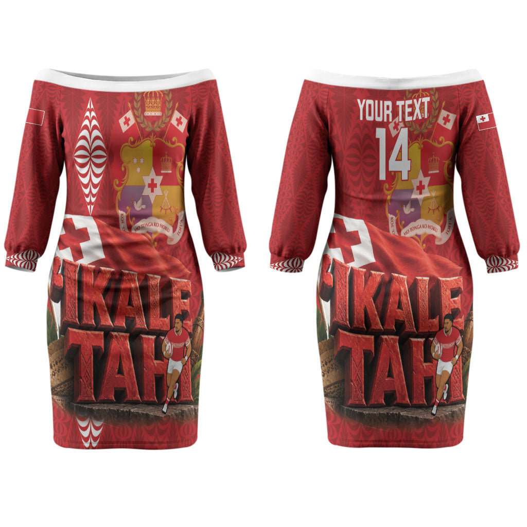 Tonga Rugby Custom Couples Matching Off The Shoulder Long Sleeve Dress and Hawaiian Shirt 2026 Go Ikale Tahi Ngatu Pattern LT14 - Polynesian Pride