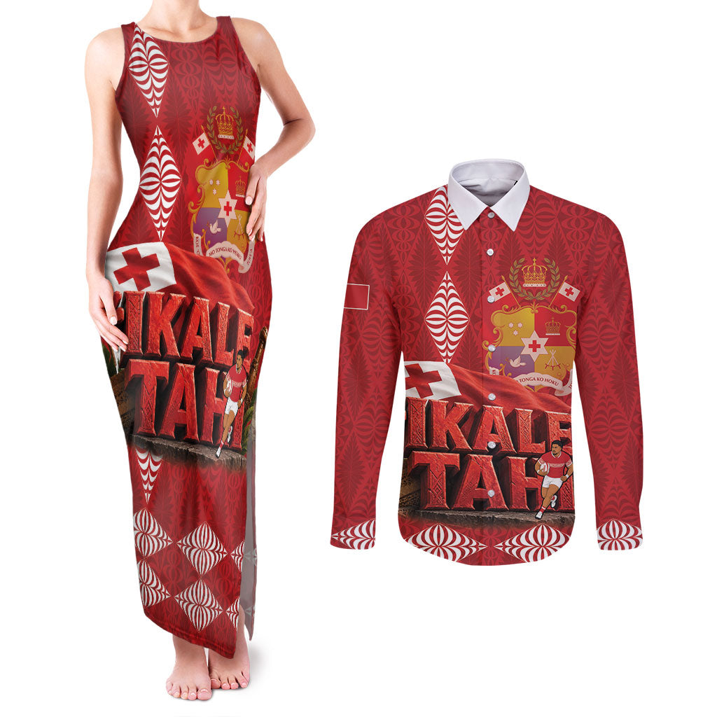 Tonga Rugby Custom Couples Matching Tank Maxi Dress and Long Sleeve Button Shirt 2026 Go Ikale Tahi Ngatu Pattern