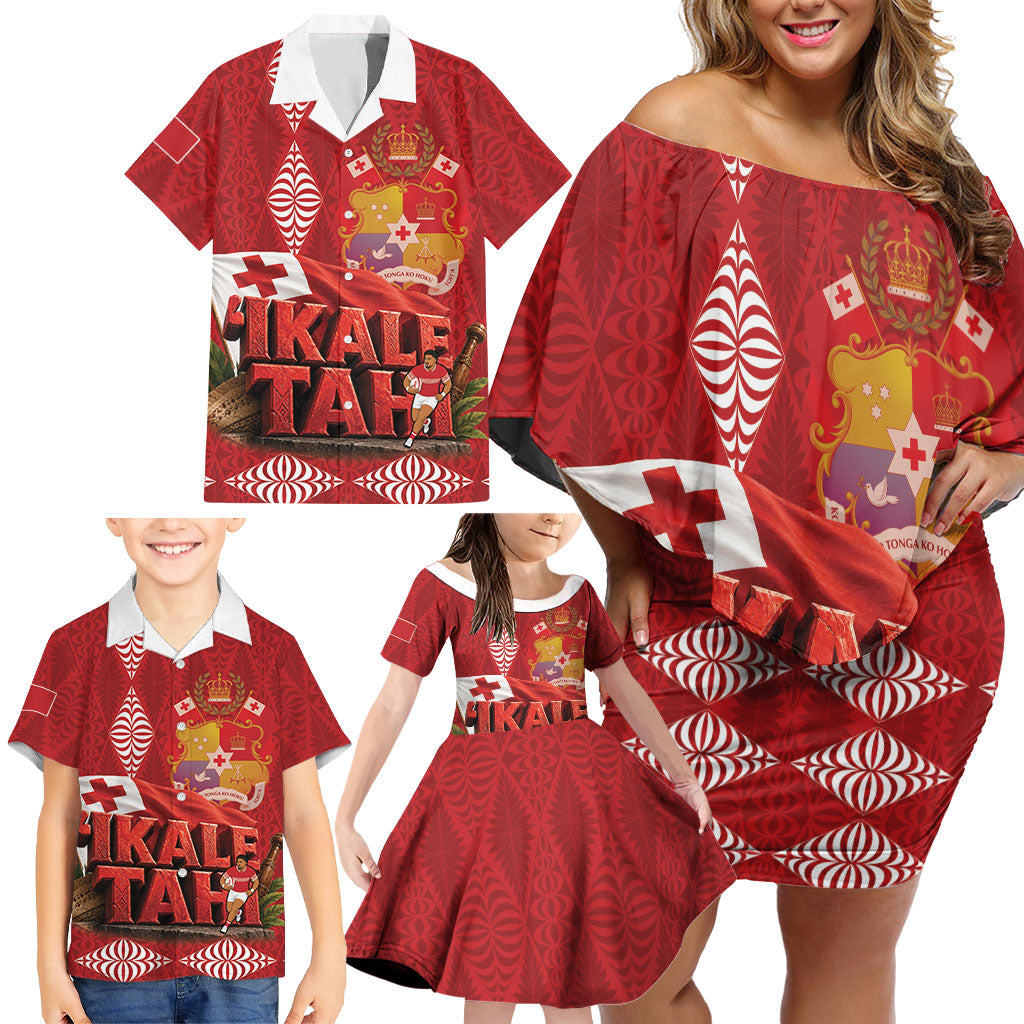 Tonga Rugby Custom Family Matching Off Shoulder Short Dress and Hawaiian Shirt 2026 Go Ikale Tahi Ngatu Pattern