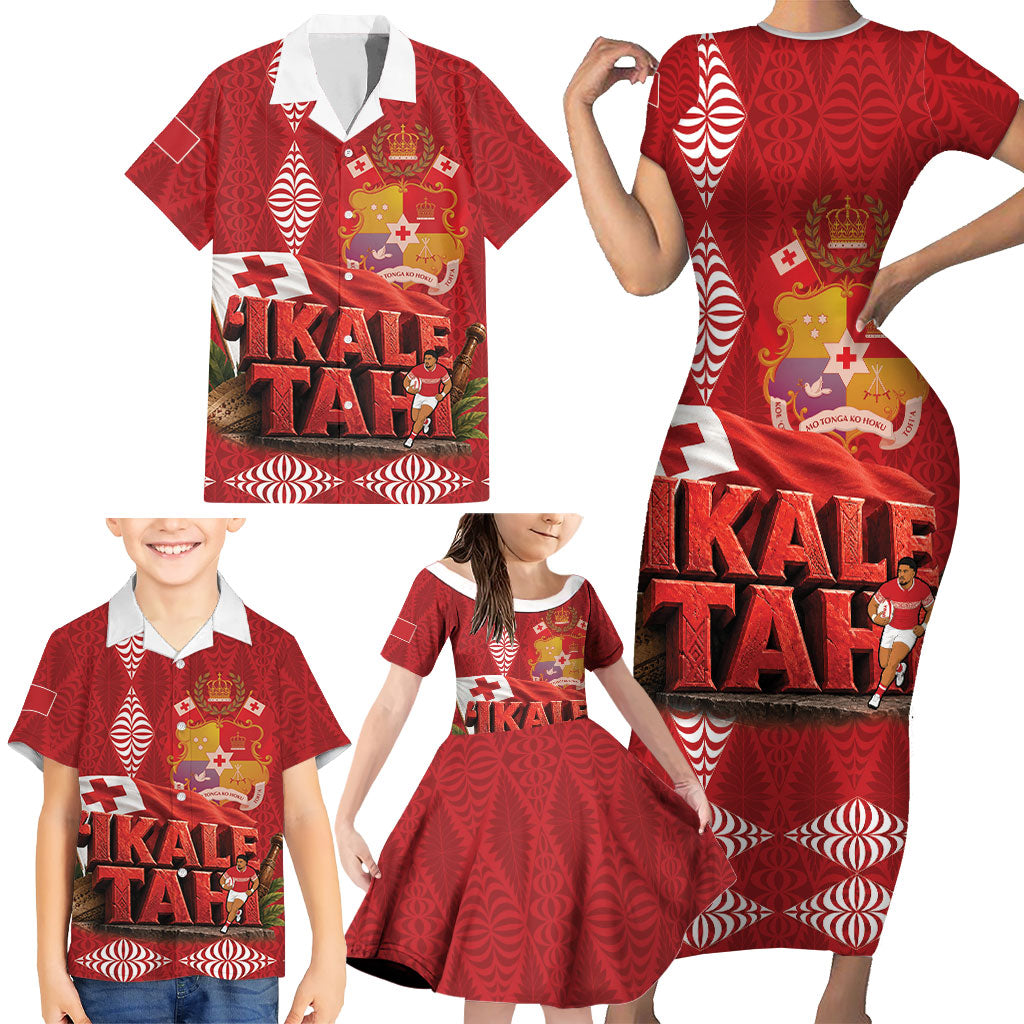 Tonga Rugby Custom Family Matching Short Sleeve Bodycon Dress and Hawaiian Shirt 2026 Go Ikale Tahi Ngatu Pattern