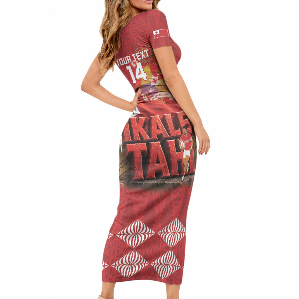 Tonga Rugby Custom Short Sleeve Bodycon Dress 2026 Go Ikale Tahi Ngatu Pattern LT14 - Polynesian Pride