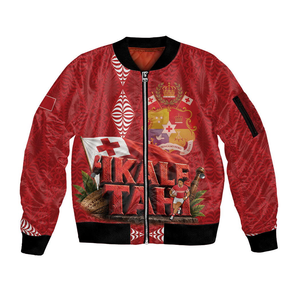 Tonga Rugby Custom Sleeve Zip Bomber Jacket 2026 Go Ikale Tahi Ngatu Pattern