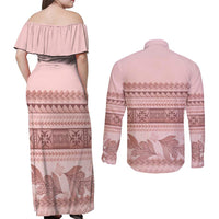 Pastel Pink Samoa Siapo Teuila Flowers Couples Matching Off Shoulder Maxi Dress and Long Sleeve Button Shirt - Polynesian Pride