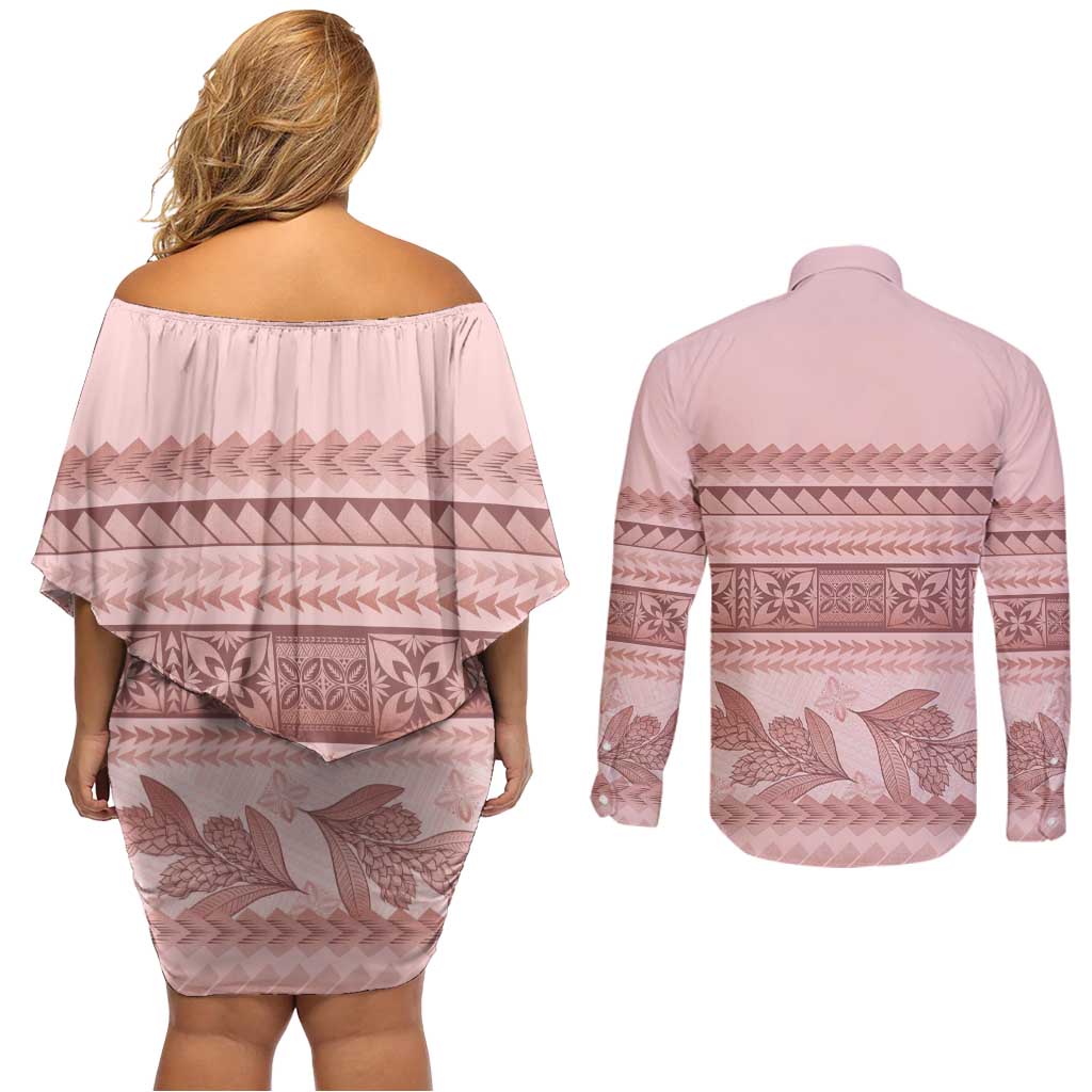 Pastel Pink Samoa Siapo Teuila Flowers Couples Matching Off Shoulder Short Dress and Long Sleeve Button Shirt - Polynesian Pride