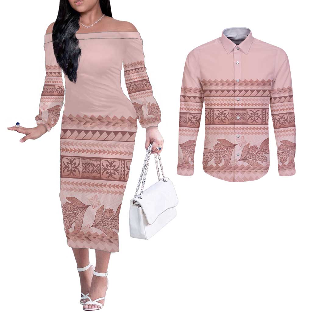 Pastel Pink Samoa Siapo Teuila Flowers Couples Matching Off The Shoulder Long Sleeve Dress and Long Sleeve Button Shirt - Polynesian Pride