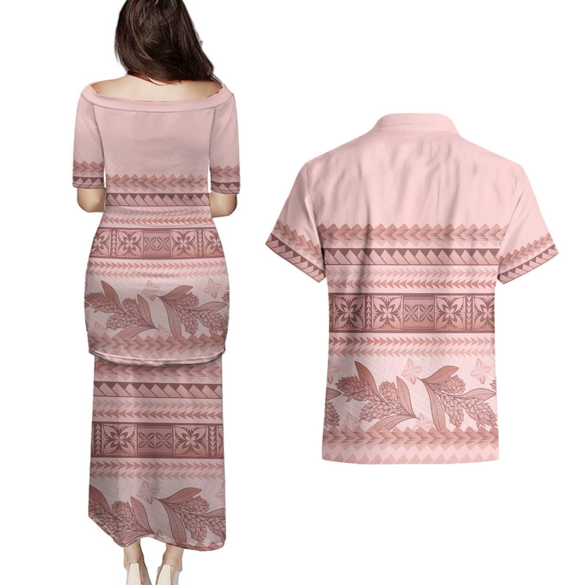 Pastel Pink Samoa Siapo Teuila Flowers Couples Matching Puletasi and Hawaiian Shirt - Polynesian Pride