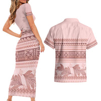 Pastel Pink Samoa Siapo Teuila Flowers Couples Matching Short Sleeve Bodycon Dress and Hawaiian Shirt - Polynesian Pride