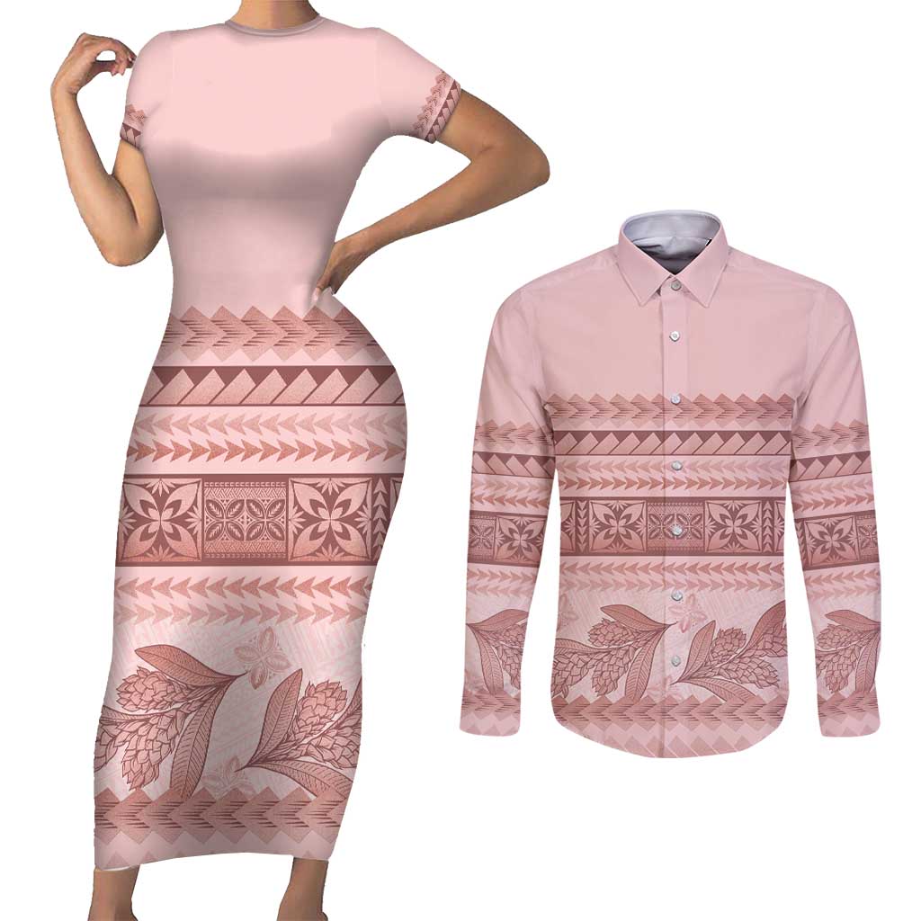 Pastel Pink Samoa Siapo Teuila Flowers Couples Matching Short Sleeve Bodycon Dress and Long Sleeve Button Shirt - Polynesian Pride