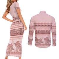 Pastel Pink Samoa Siapo Teuila Flowers Couples Matching Short Sleeve Bodycon Dress and Long Sleeve Button Shirt - Polynesian Pride