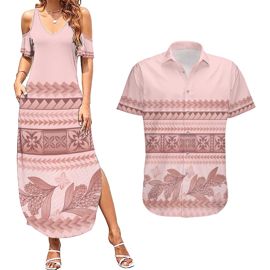 Pastel Pink Samoa Siapo Teuila Flowers Couples Matching Summer Maxi Dress and Hawaiian Shirt LT14 Pastel Pink - Polynesian Pride
