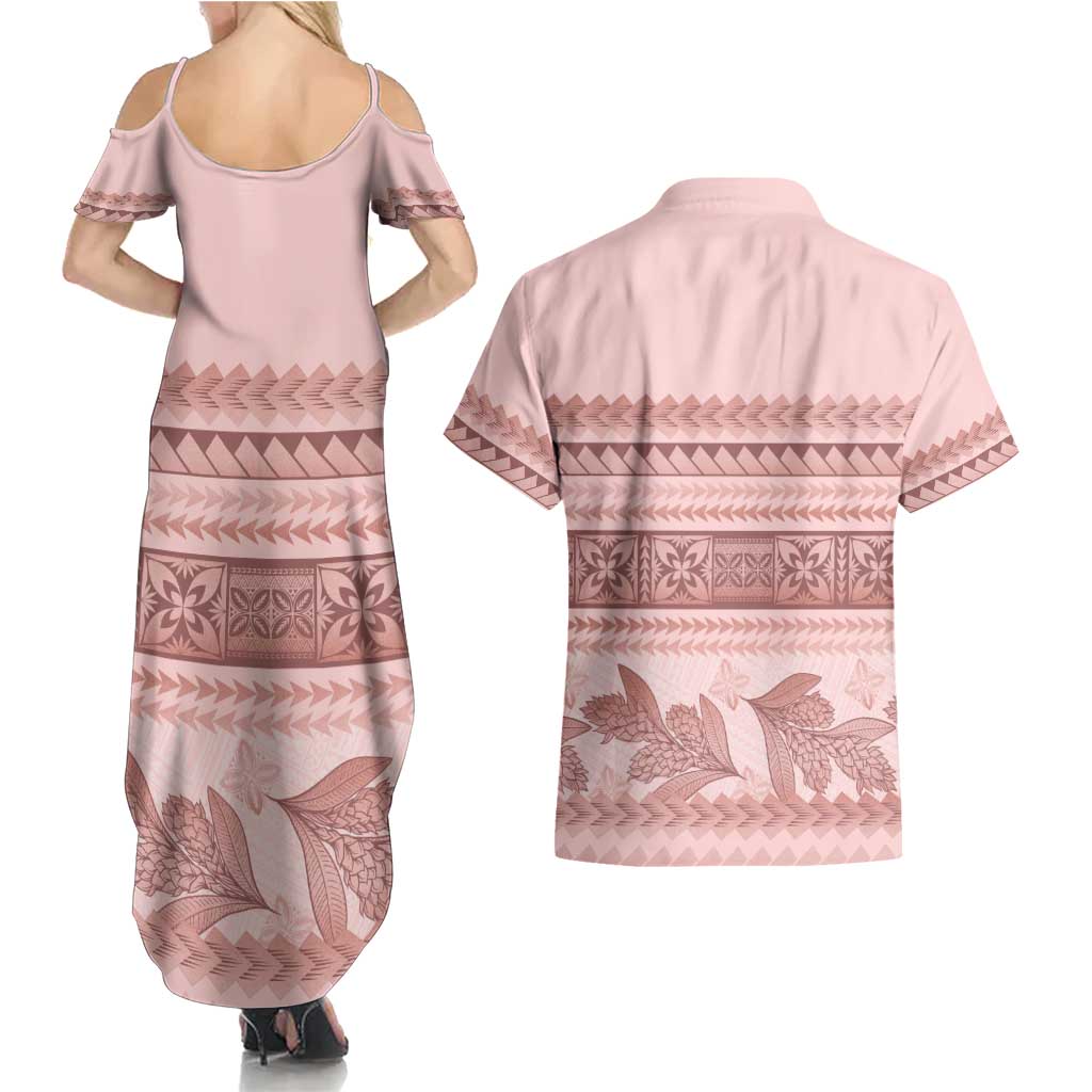 Pastel Pink Samoa Siapo Teuila Flowers Couples Matching Summer Maxi Dress and Hawaiian Shirt LT14 - Polynesian Pride