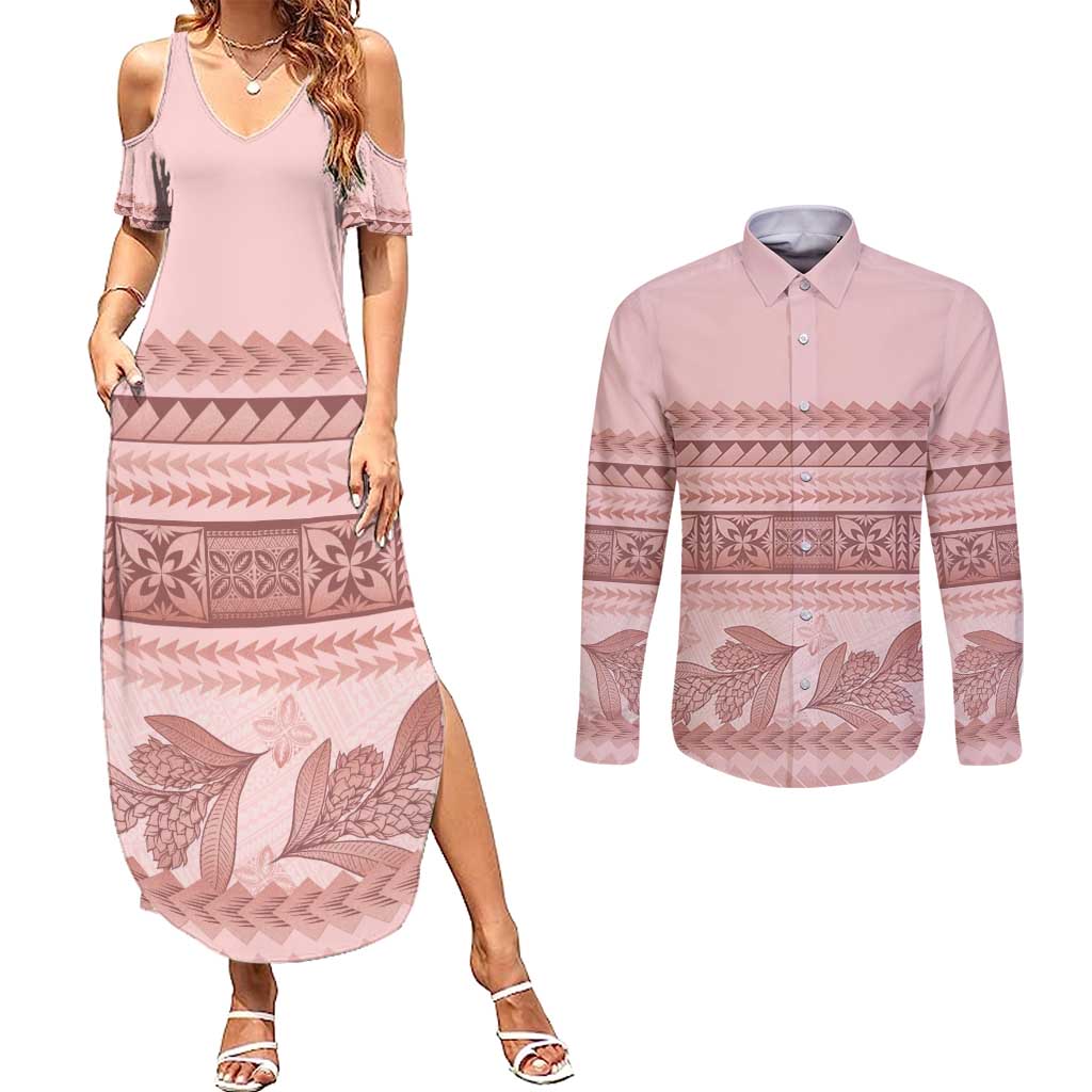 Pastel Pink Samoa Siapo Teuila Flowers Couples Matching Summer Maxi Dress and Long Sleeve Button Shirt - Polynesian Pride