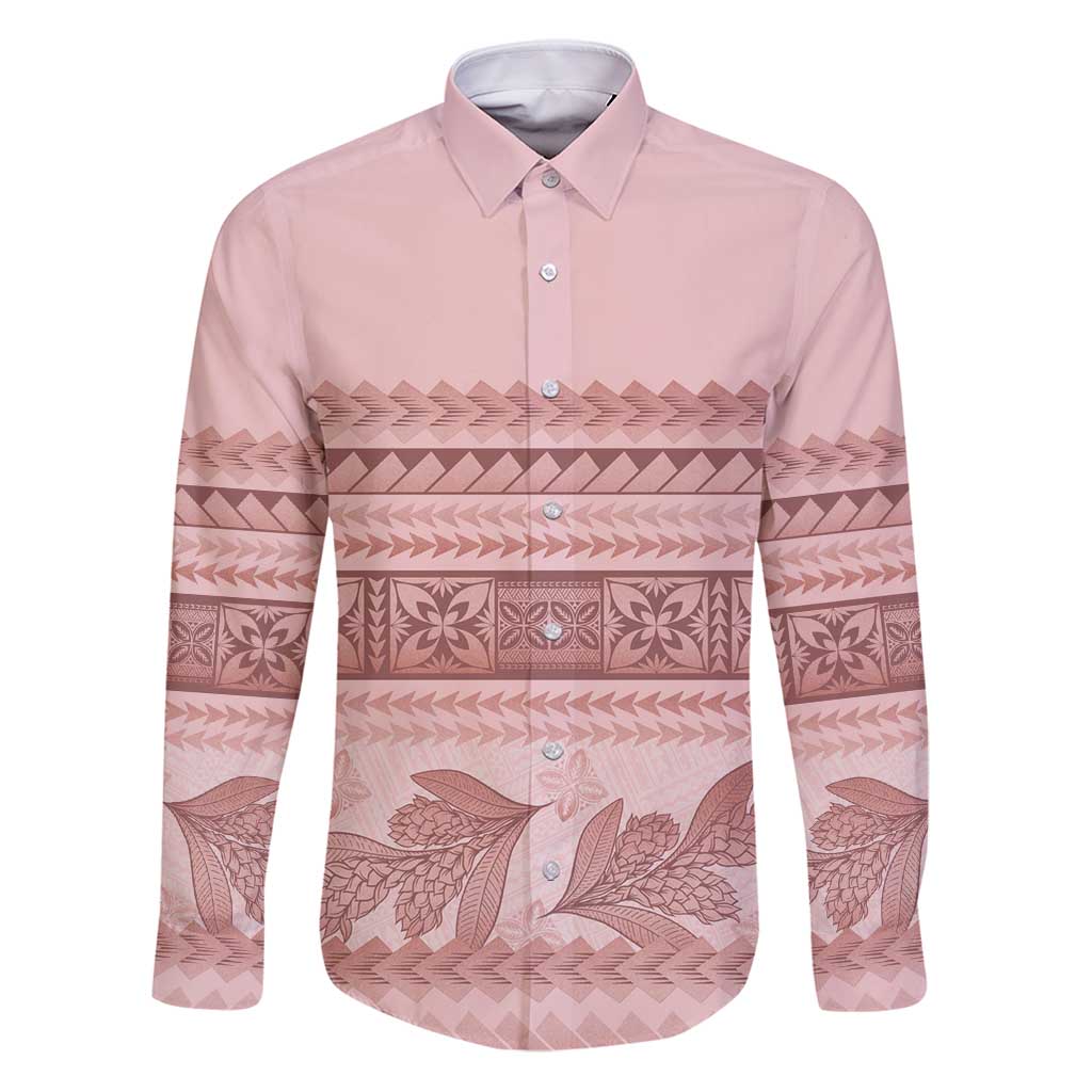 Pastel Pink Samoa Siapo Teuila Flowers Family Matching Puletasi and Hawaiian Shirt LT14 Dad's Shirt - Long Sleeve Pastel Pink - Polynesian Pride