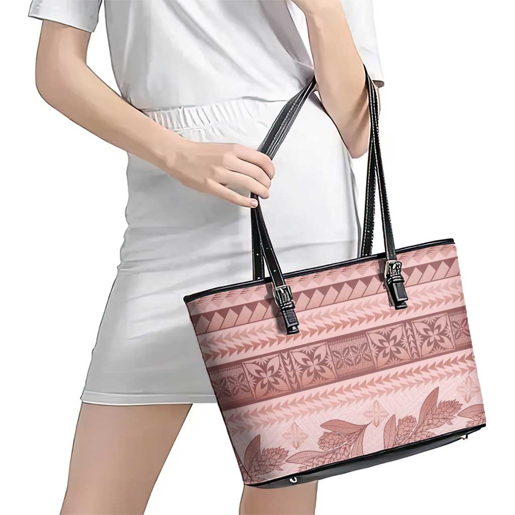 Pastel Pink Samoa Siapo Teuila Flowers Leather Tote Bag - Polynesian Pride