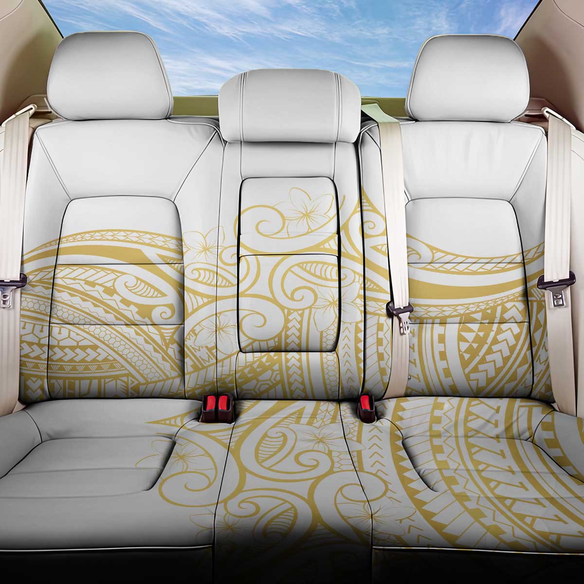 Polynesia White Sunday Back Car Seat Cover Plumeria Polynesian Tribal Gold Color - Polynesian Pride