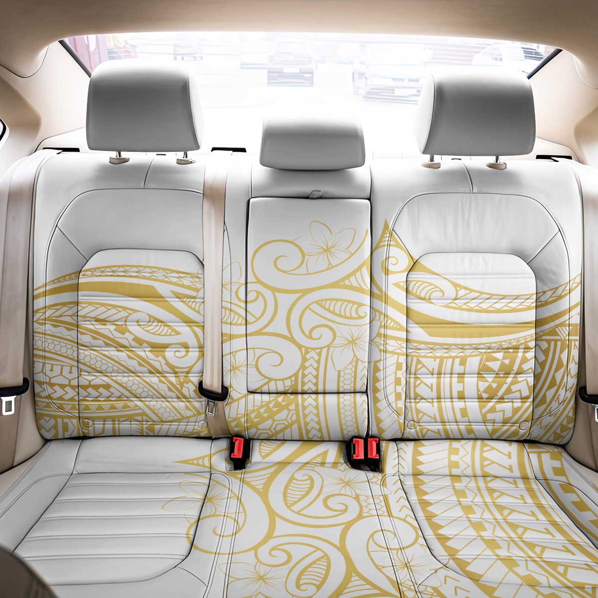 Polynesia White Sunday Back Car Seat Cover Plumeria Polynesian Tribal Gold Color - Polynesian Pride