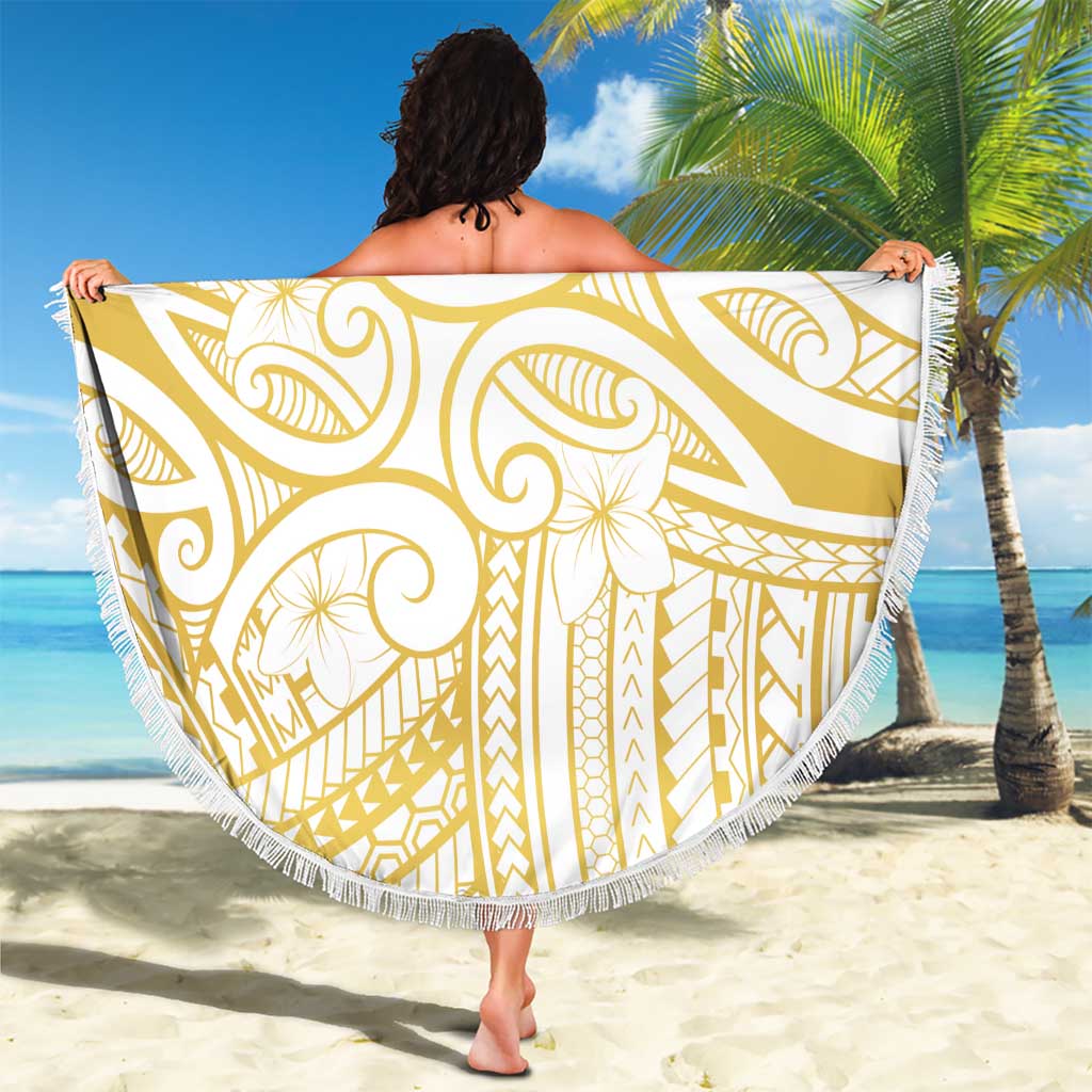 Polynesia White Sunday Beach Blanket Plumeria Polynesian Tribal Gold Color - Polynesian Pride