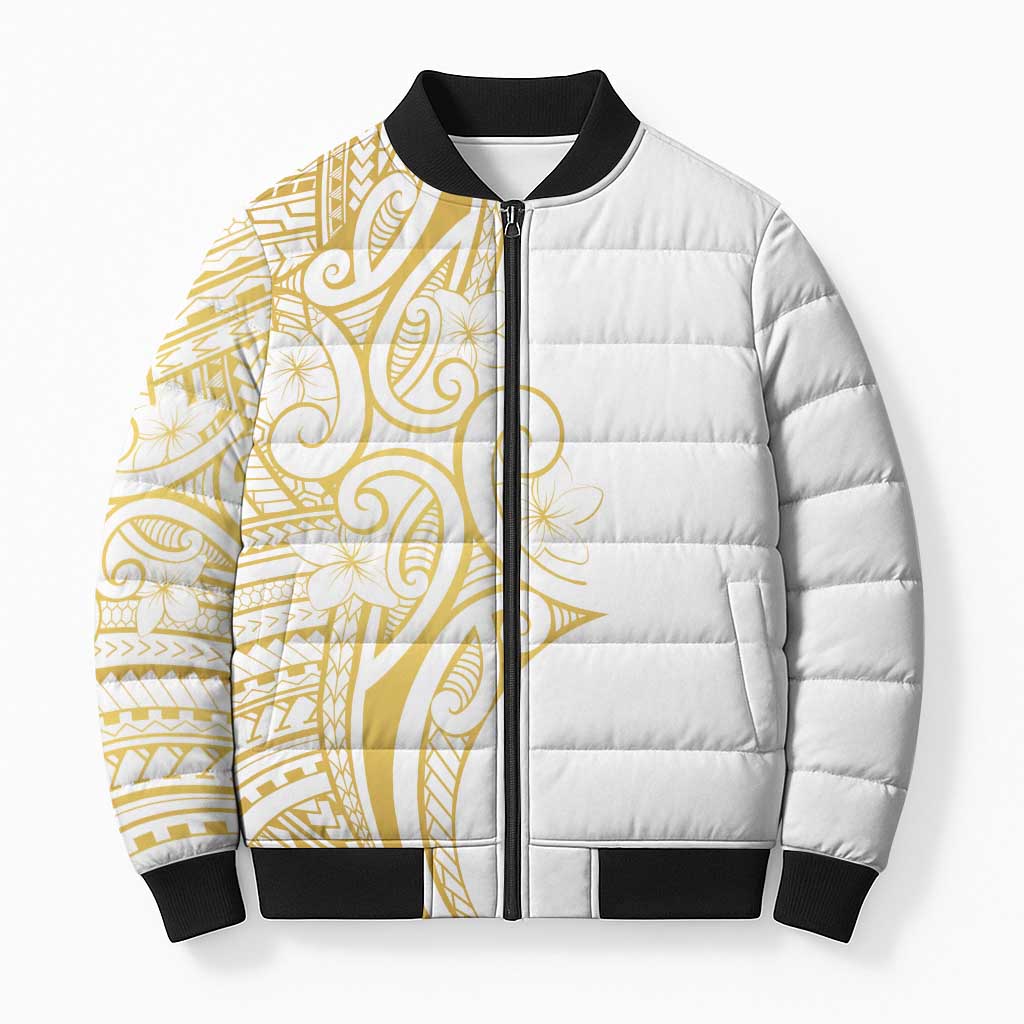 Polynesia White Sunday Bomber Puffer Jacket Plumeria Polynesian Tribal Gold Color - Polynesian Pride