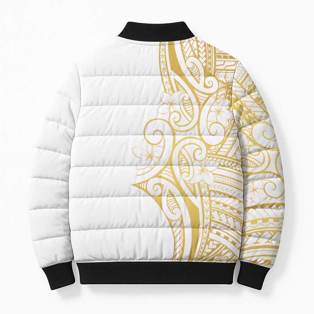 Polynesia White Sunday Bomber Puffer Jacket Plumeria Polynesian Tribal Gold Color - Polynesian Pride