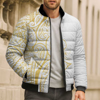Polynesia White Sunday Bomber Puffer Jacket Plumeria Polynesian Tribal Gold Color - Polynesian Pride