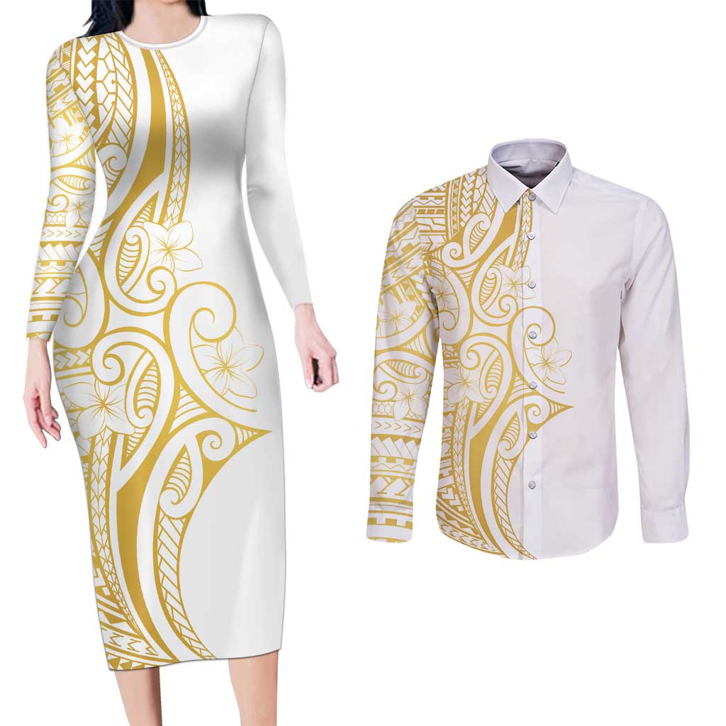 Polynesia White Sunday Couples Matching Long Sleeve Bodycon Dress and Long Sleeve Button Shirt Plumeria Polynesian Tribal Gold Color - Polynesian Pride