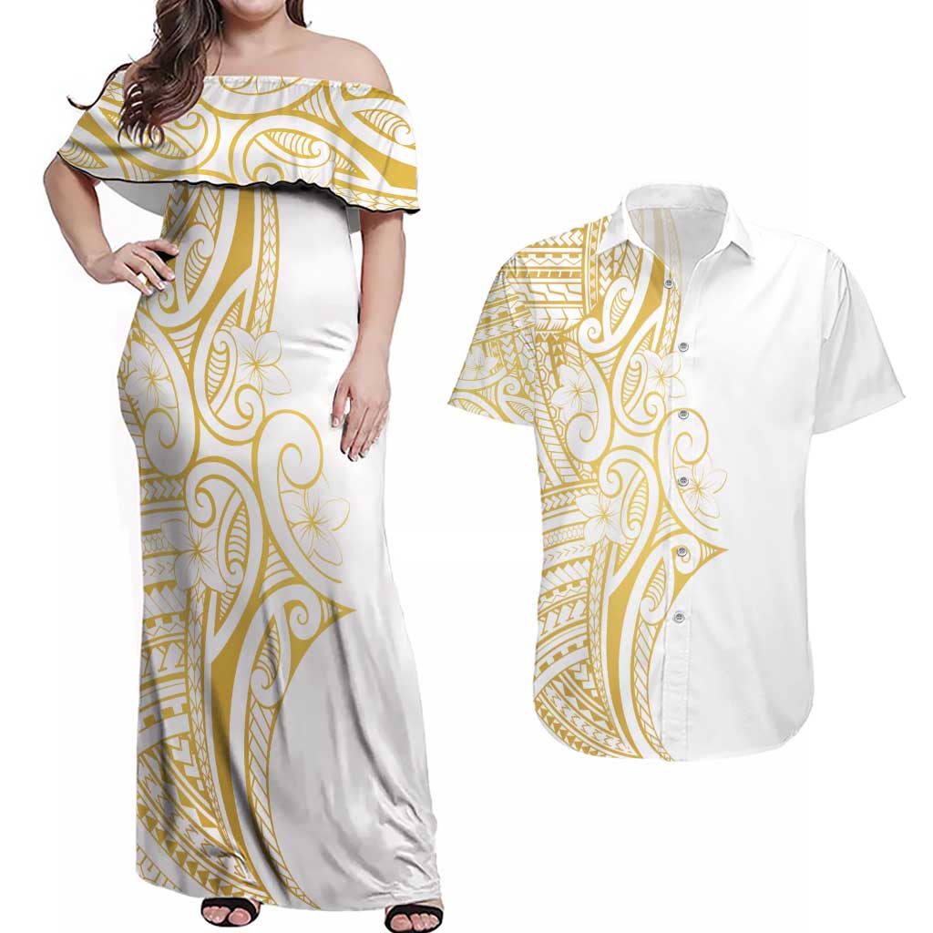 Polynesia White Sunday Couples Matching Off Shoulder Maxi Dress and Hawaiian Shirt Plumeria Polynesian Tribal Gold Color - Polynesian Pride