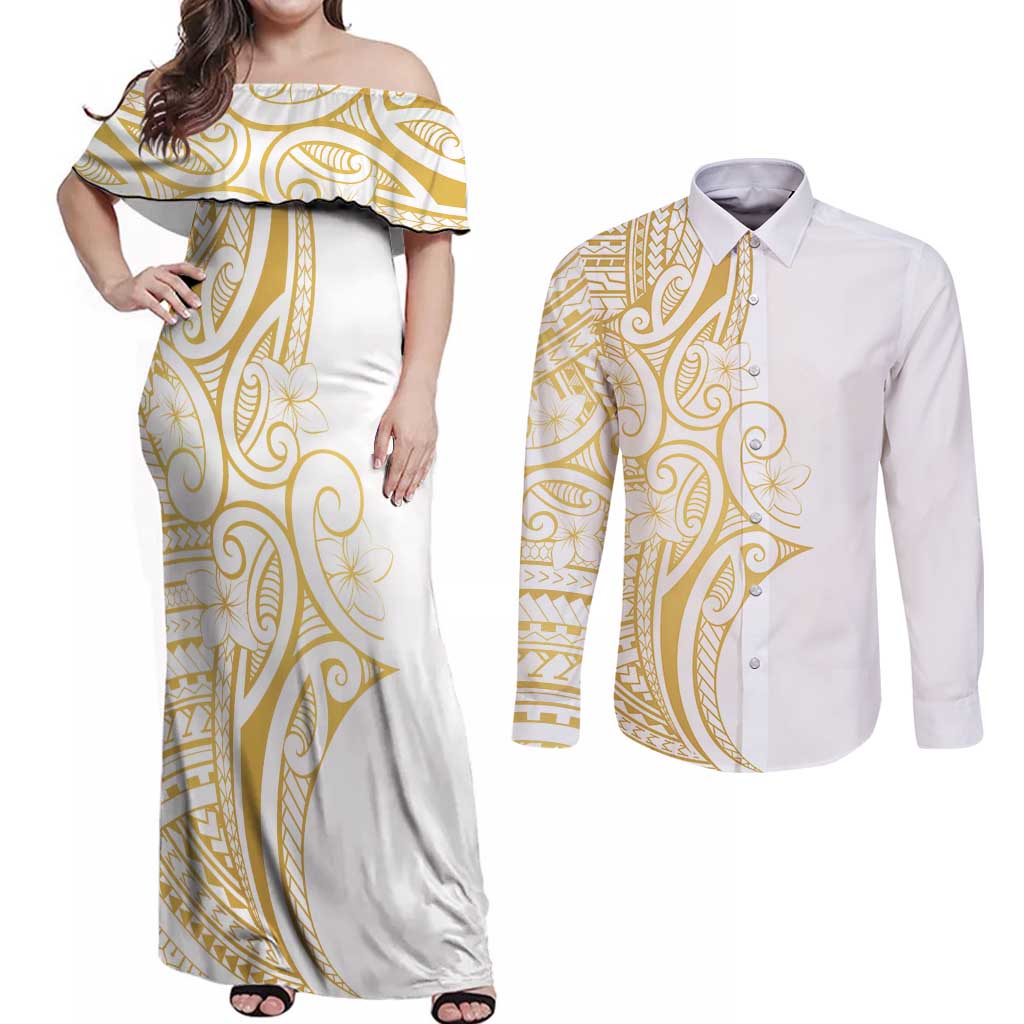 Polynesia White Sunday Couples Matching Off Shoulder Maxi Dress and Long Sleeve Button Shirt Plumeria Polynesian Tribal Gold Color - Polynesian Pride