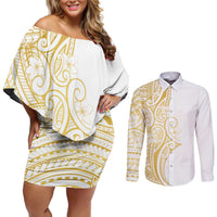 Polynesia White Sunday Couples Matching Off Shoulder Short Dress and Long Sleeve Button Shirt Plumeria Polynesian Tribal Gold Color - Polynesian Pride