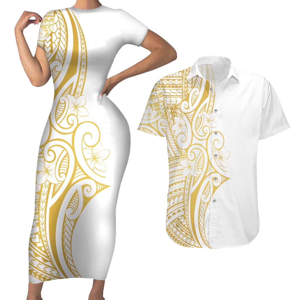 Polynesia White Sunday Couples Matching Short Sleeve Bodycon Dress and Hawaiian Shirt Plumeria Polynesian Tribal Gold Color - Polynesian Pride