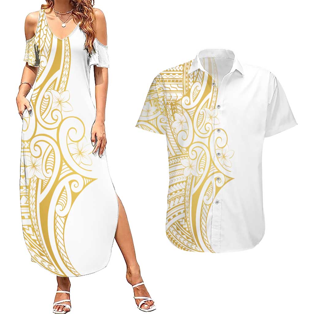 Polynesia White Sunday Couples Matching Summer Maxi Dress and Hawaiian Shirt Plumeria Polynesian Tribal Gold Color - Polynesian Pride