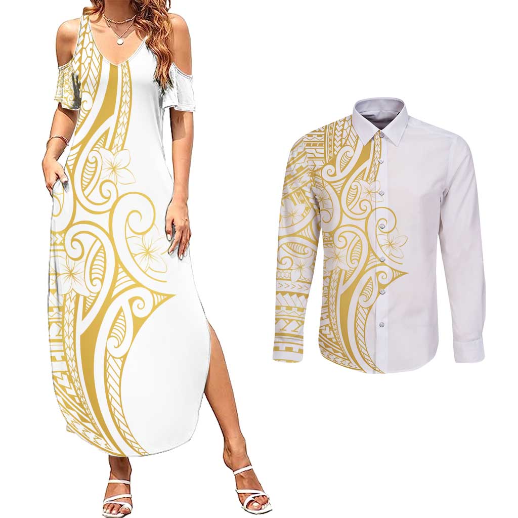 Polynesia White Sunday Couples Matching Summer Maxi Dress and Long Sleeve Button Shirt Plumeria Polynesian Tribal Gold Color - Polynesian Pride