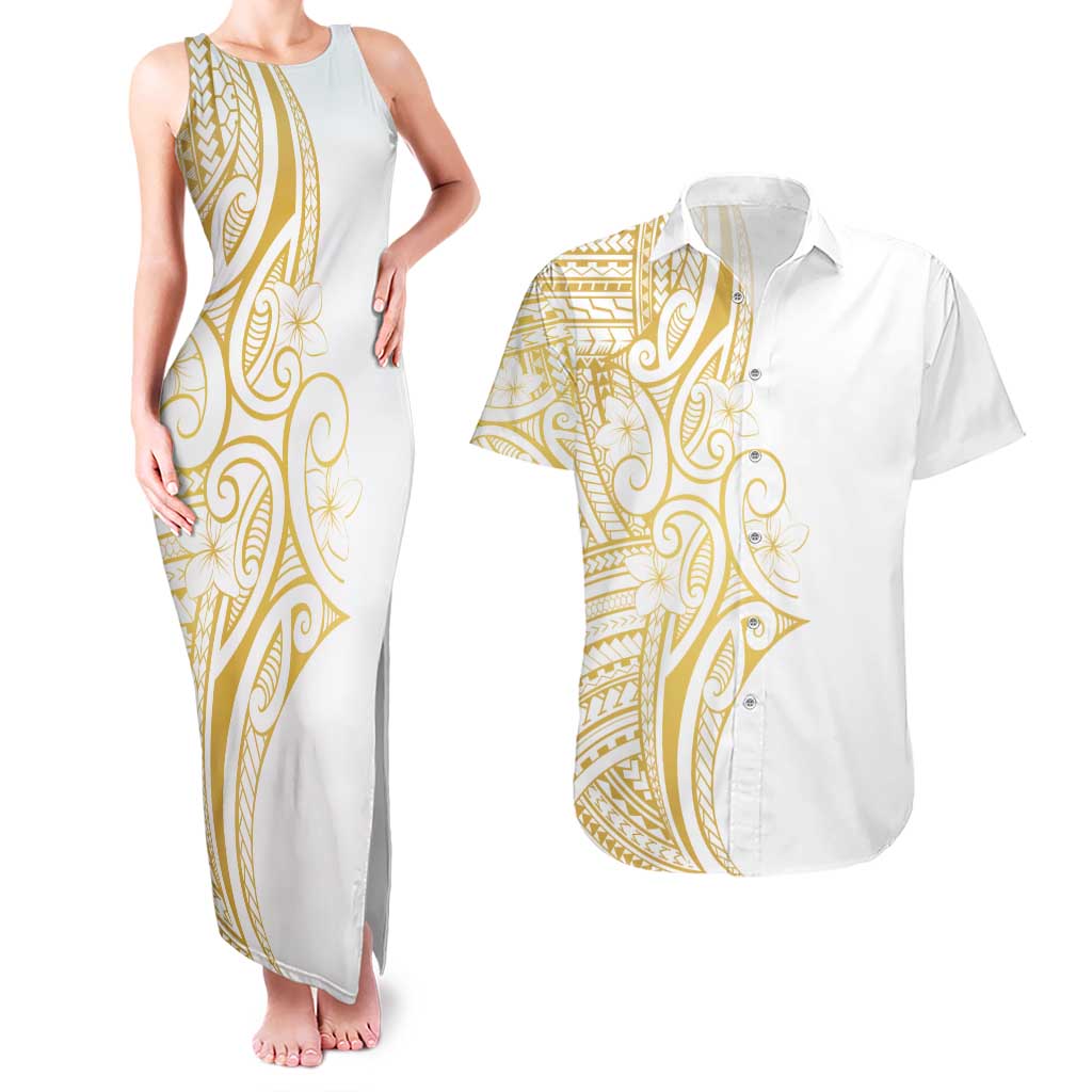 Polynesia White Sunday Couples Matching Tank Maxi Dress and Hawaiian Shirt Plumeria Polynesian Tribal Gold Color - Polynesian Pride