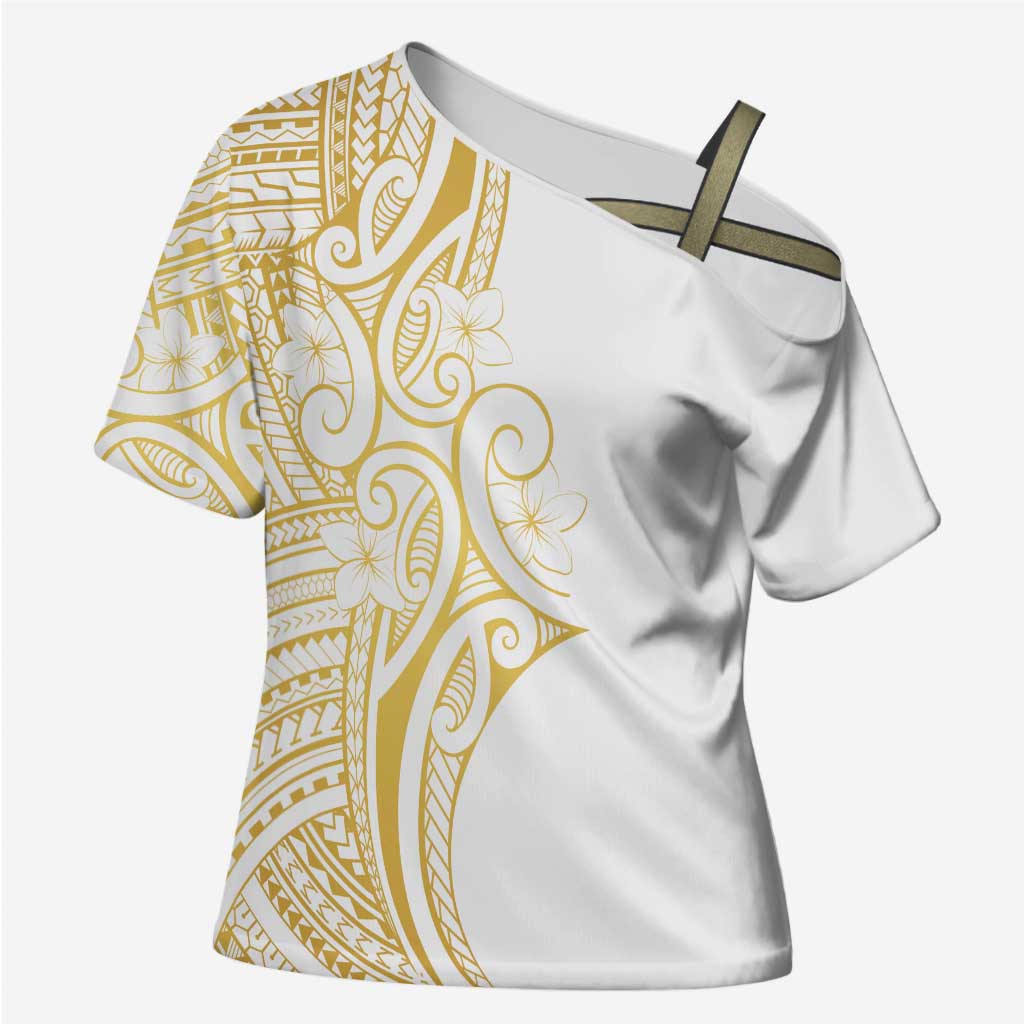 Polynesia White Sunday Cross Shoulder Shirt Plumeria Polynesian Tribal Gold Color - Polynesian Pride