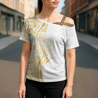 Polynesia White Sunday Cross Shoulder Shirt Plumeria Polynesian Tribal Gold Color - Polynesian Pride