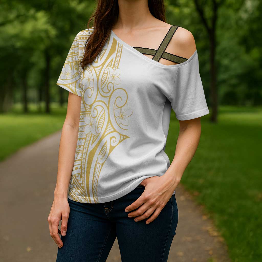 Polynesia White Sunday Cross Shoulder Shirt Plumeria Polynesian Tribal Gold Color - Polynesian Pride